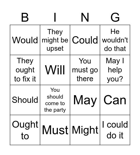 Modal Verbs Bingo Card