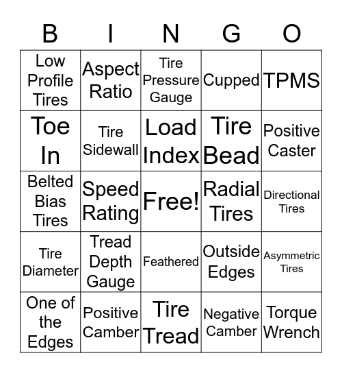 Tire Bingo Card