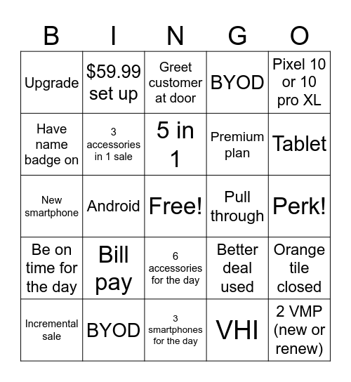 Orange Team Bingo Card