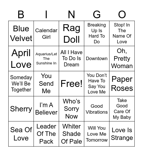 Hits of the 50's & 60's Coverall Bingo Card