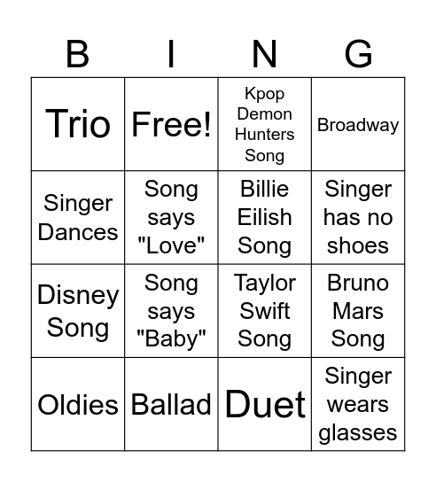 Vocal Vibes Bingo Card