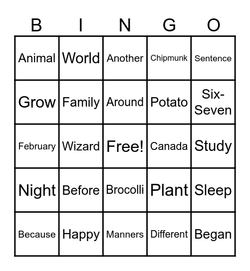 Family Day Bingo Card