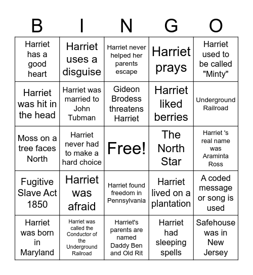 Harriet Tubman Bingo Card