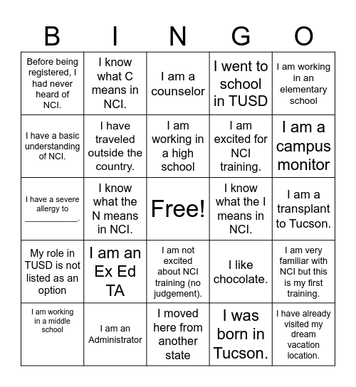 NCI Bingo Card Bingo Card