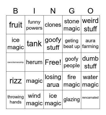 anime bingo Card