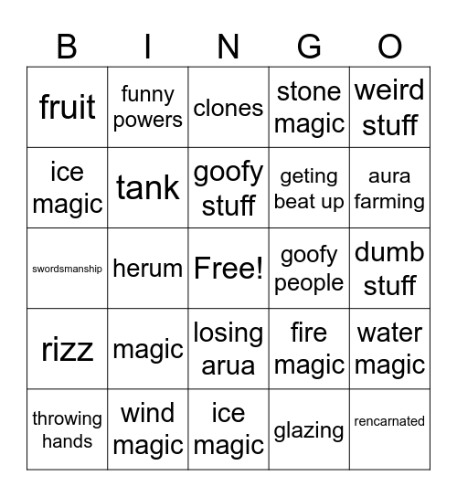 anime bingo Card