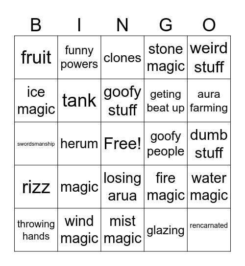 anime bingo Card