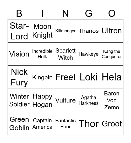 MCU Bingo Card