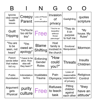 World's Strictest Parents Bingo Card
