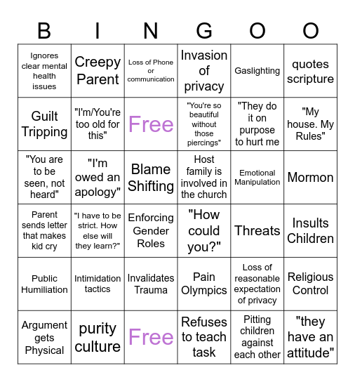 World's Strictest Parents Bingo Card