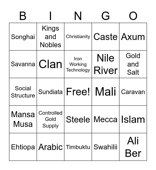 Ancient African Kingdoms Bingo Card