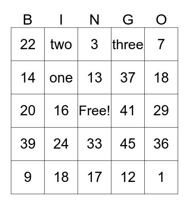 Number Bingo Card