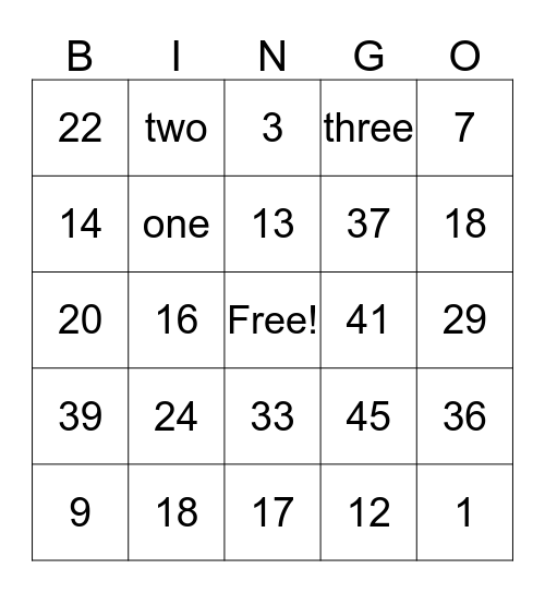 Number Bingo Card