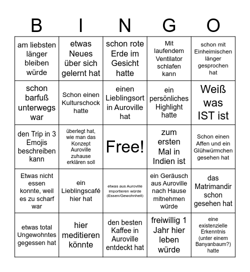 Auroville Kennenlern-Bingo! Finde jemanden, der… / dem… Bingo Card