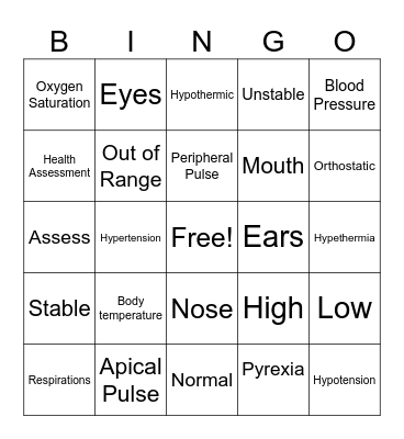Vital Signs Bingo Card