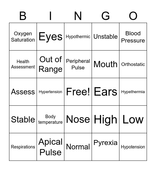 Vital Signs Bingo Card