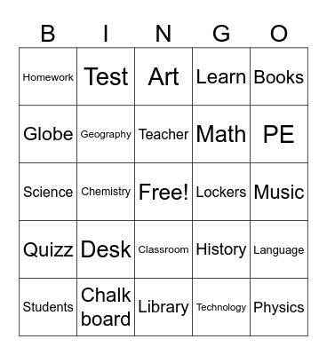 School Bingo Card