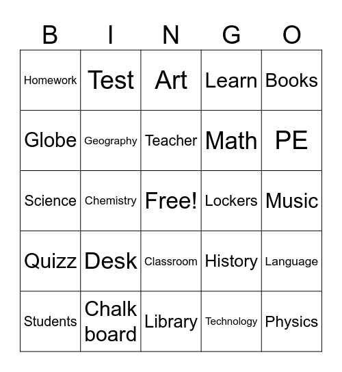 School Bingo Card