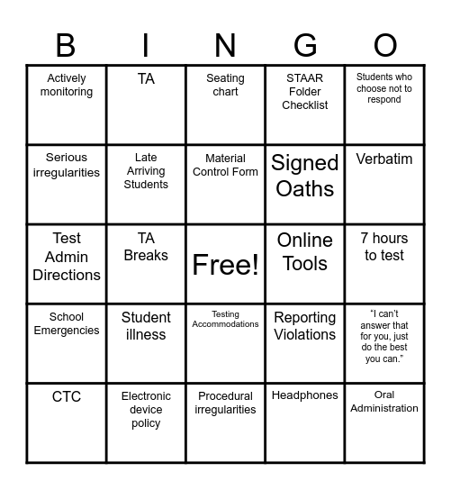 STAAR Training Bingo 2026 Bingo Card