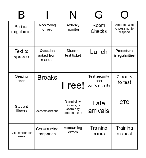 STAAR Training Bingo Card