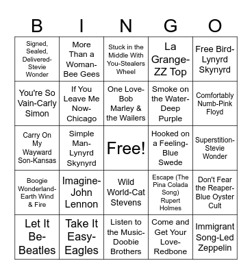 Most Streamed 70s Songs Part 2 Bingo Card