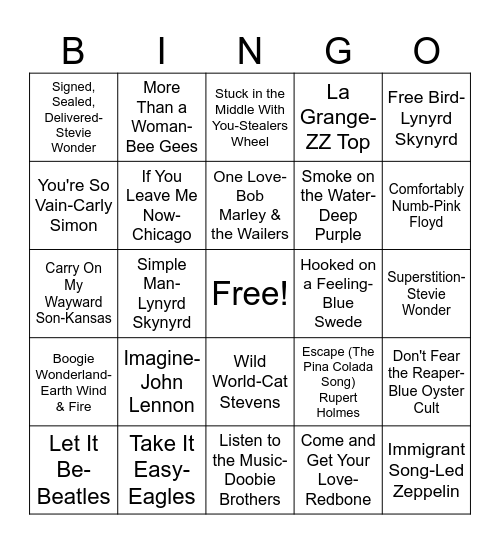 Most Streamed 70s Songs Part 2 Bingo Card