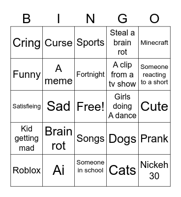 Shorts Bingo Card