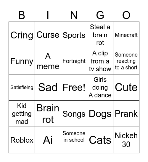 Shorts Bingo Card