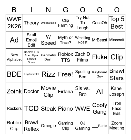 YT Shorts Bingo Card