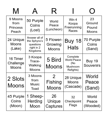 SMO Bingo (All Kingdoms + Post-Game Bingo Card