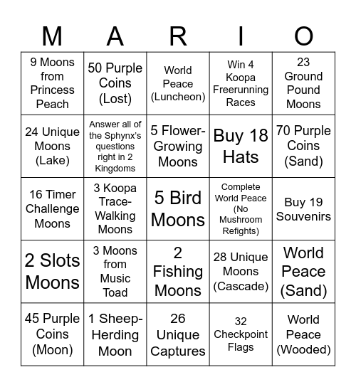 SMO Bingo (All Kingdoms + Post-Game Bingo Card