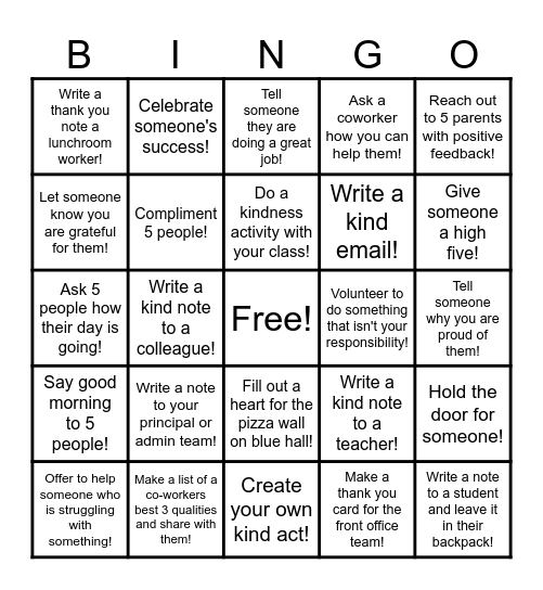 Kindness Bingo Card