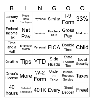 Paycheck Bingo Card