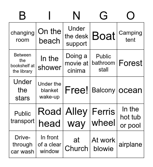 Places to give or recieve head Bingo Card