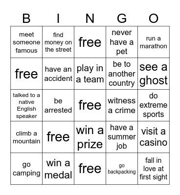 Experiences Bingo Card