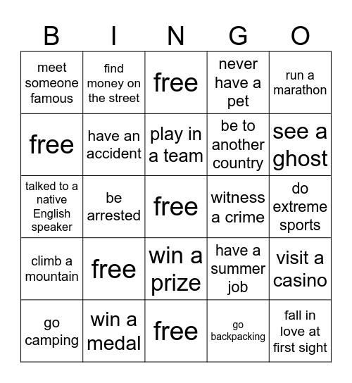 Experiences Bingo Card