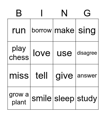 Actions Bingo Card