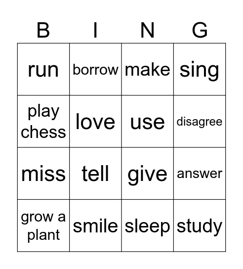 Actions Bingo Card