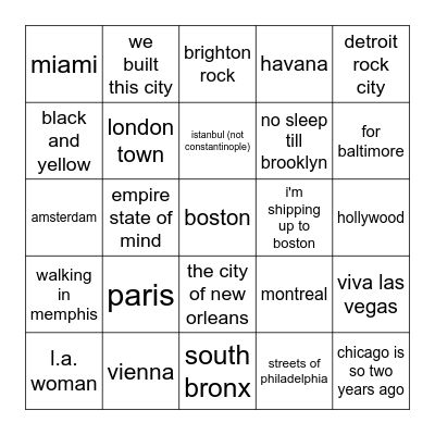 City Living Bingo Card