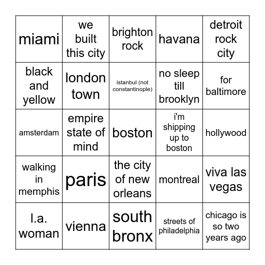 City Living Bingo Card