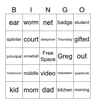 Diary of a Wimpy Kid Bingo Card