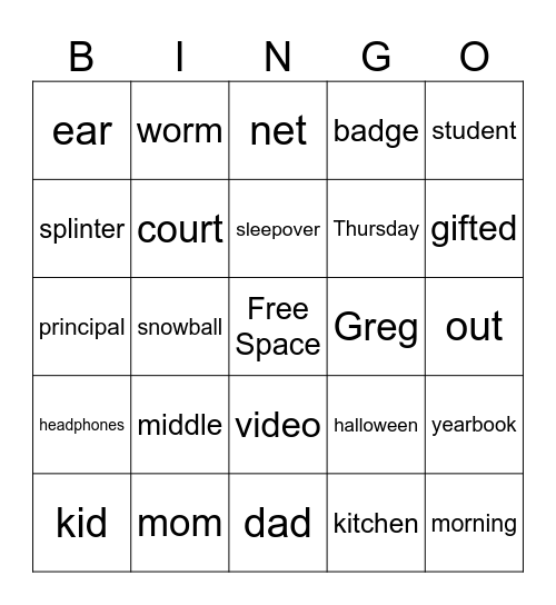 Diary of a Wimpy Kid Bingo Card