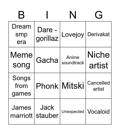 Eli's liked songs Bingo Card