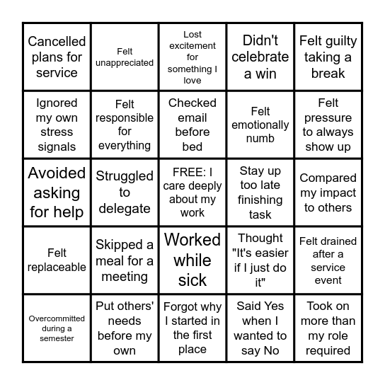 Burnout Bingo Card