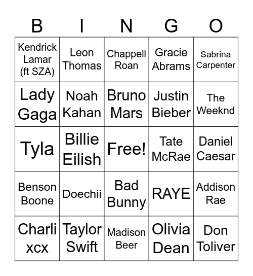 Round 1 - Top 40 Bingo Card