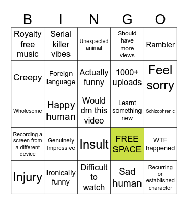Youtube Low View Bingo Card