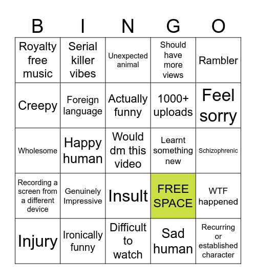 Youtube Low View Bingo Card