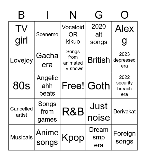 Cassie's likes playlist Bingo Card