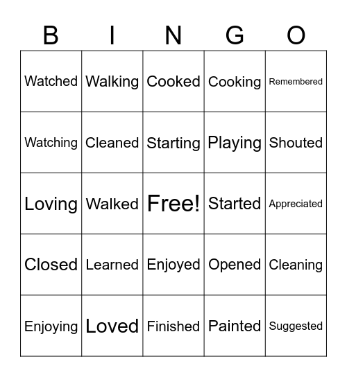 ed and ing words Bingo Card