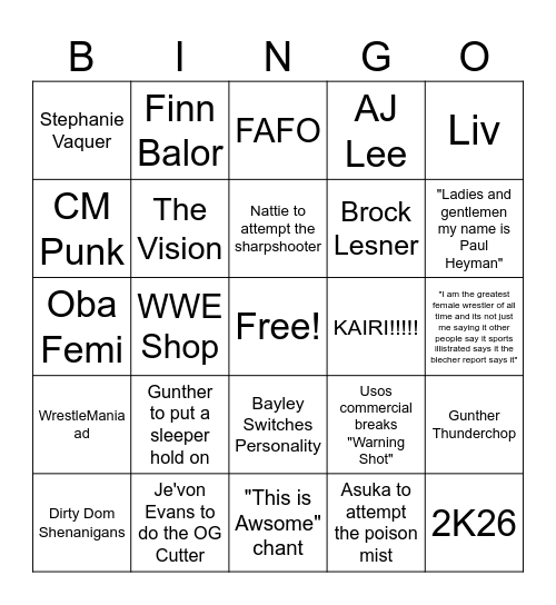 RAW 16/2/26 Bingo Card